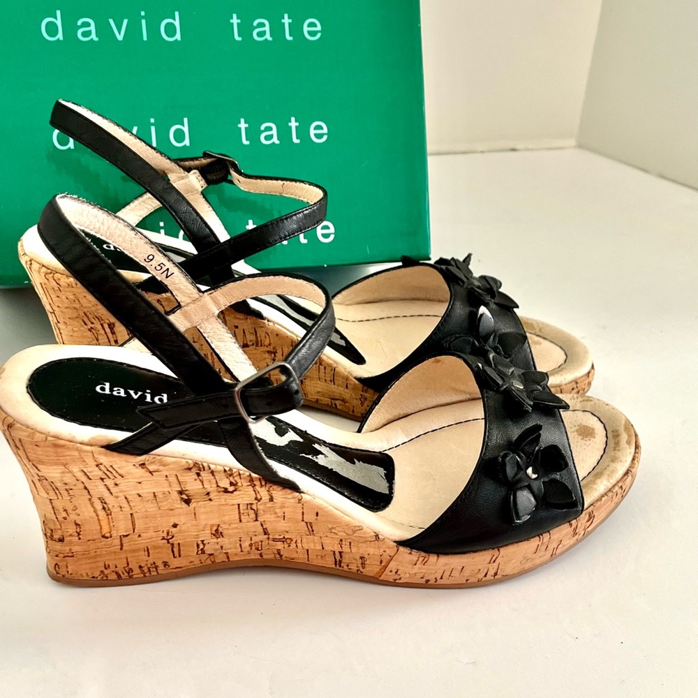 David Tate Flower Women's Black Flower Ankle Strap Cork Wedge Sandals